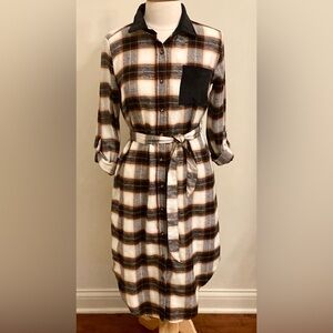 Madison + Hudson Brown Cream Plaid Flannel Belted Roll Tab Sleeve Shirt Dress S